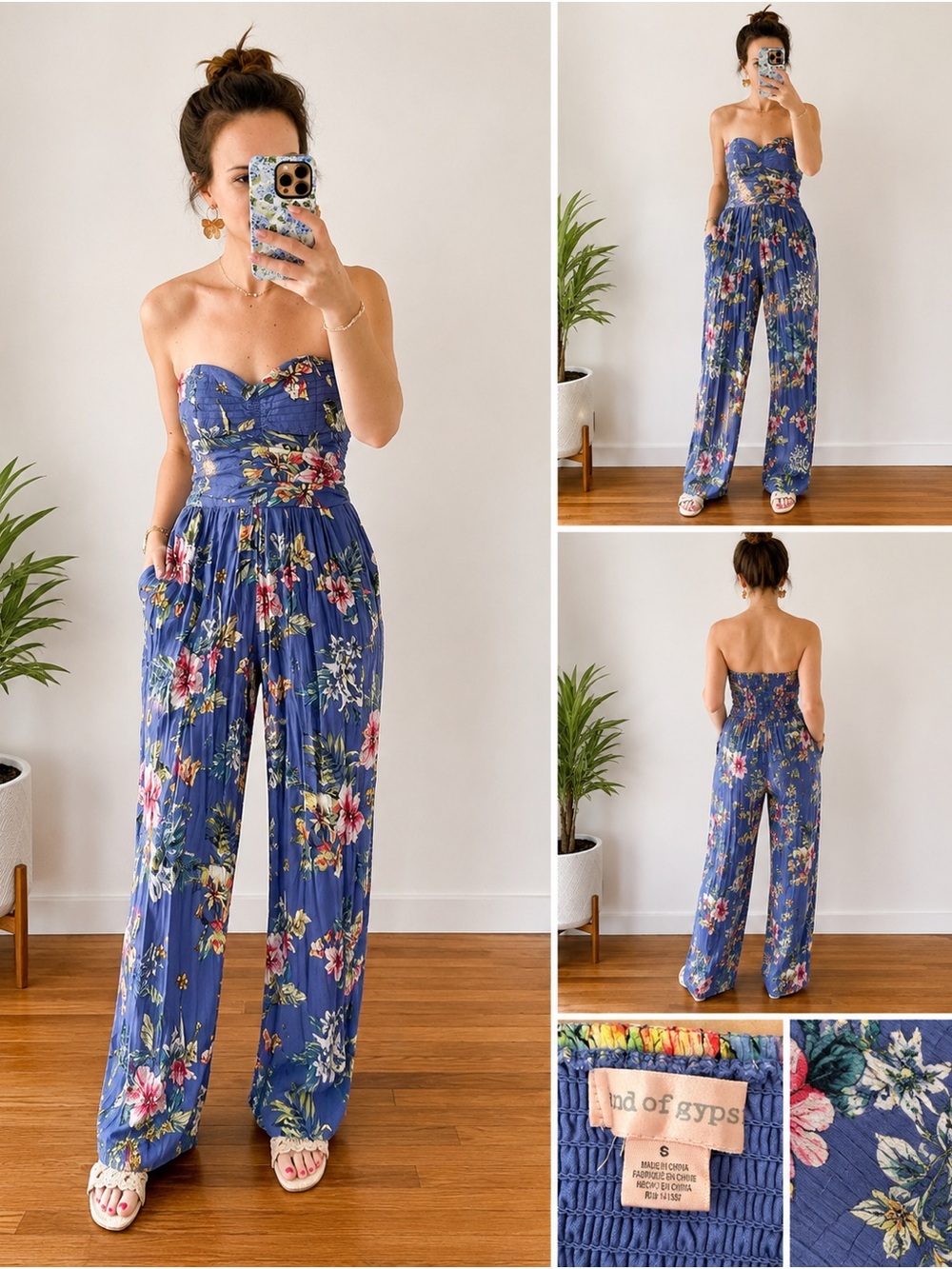 Floral Strapless Wide-Leg Jumpsuit in Blue